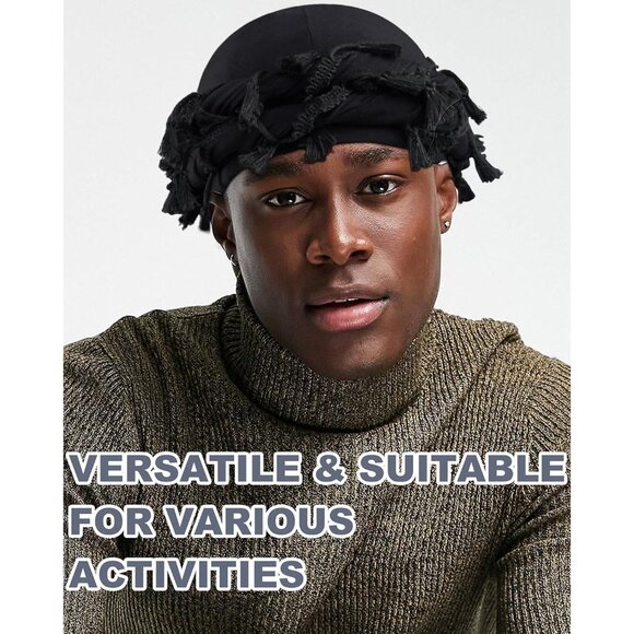 ⚡Men Women Navy Blue Satin Head Wraps Skull Cap Tassels Braid Beanie Turban - Picture 5 of 8